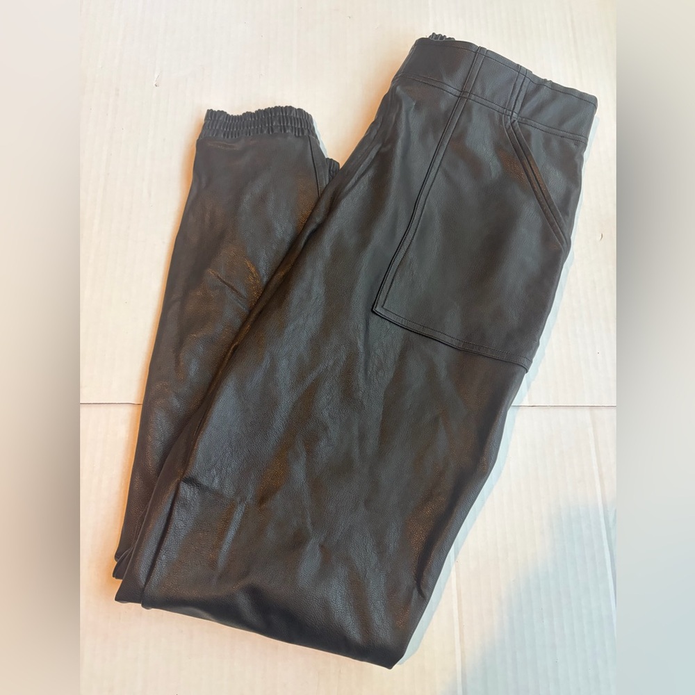 SPANX Black Faux Leather Joggers with Elastic Waist Pockets Like New Black Noir